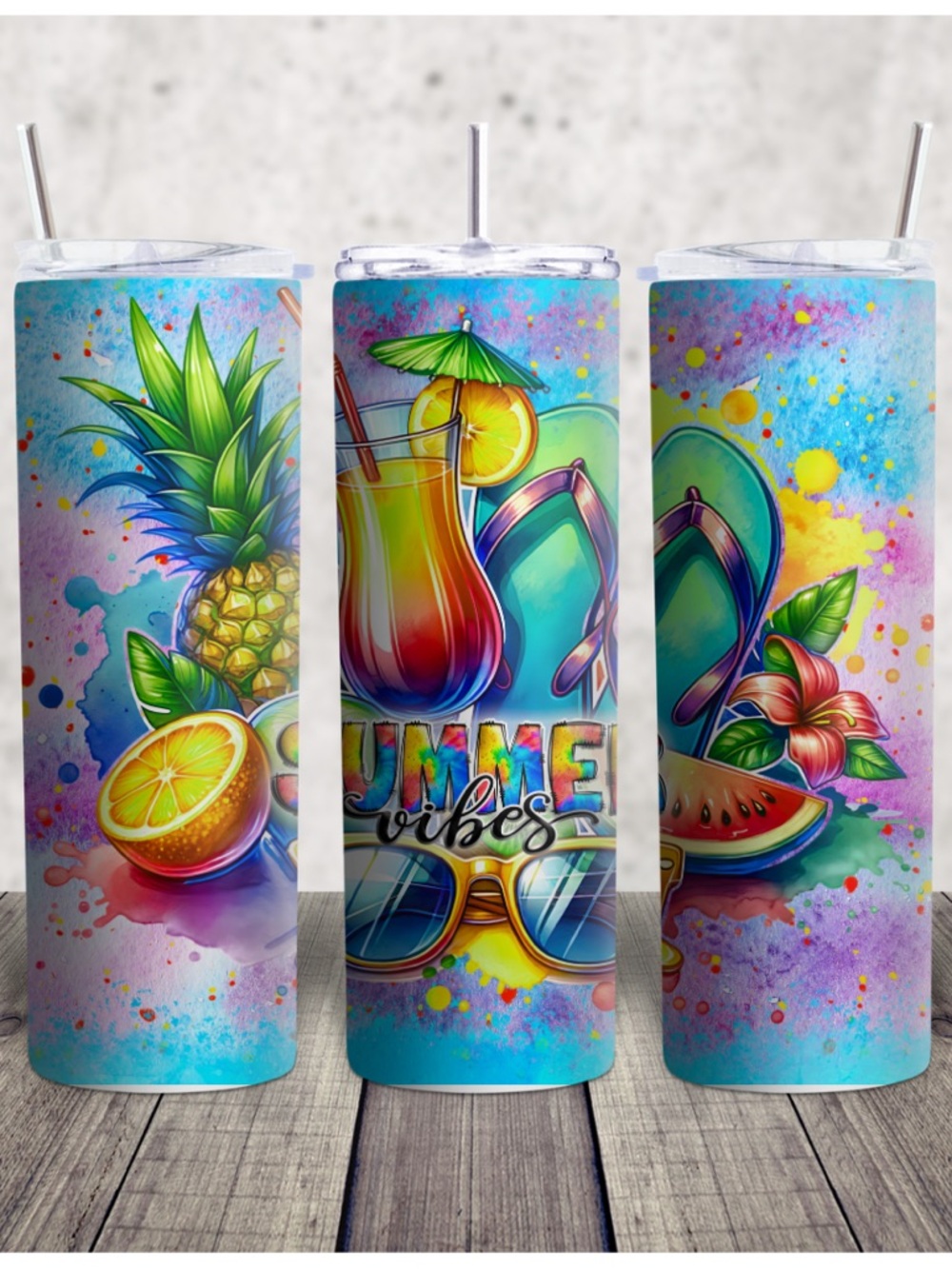 Hand Crafted Summer Vibes Tropical Drinkware Tumbler - Blue, Green, Yellow
